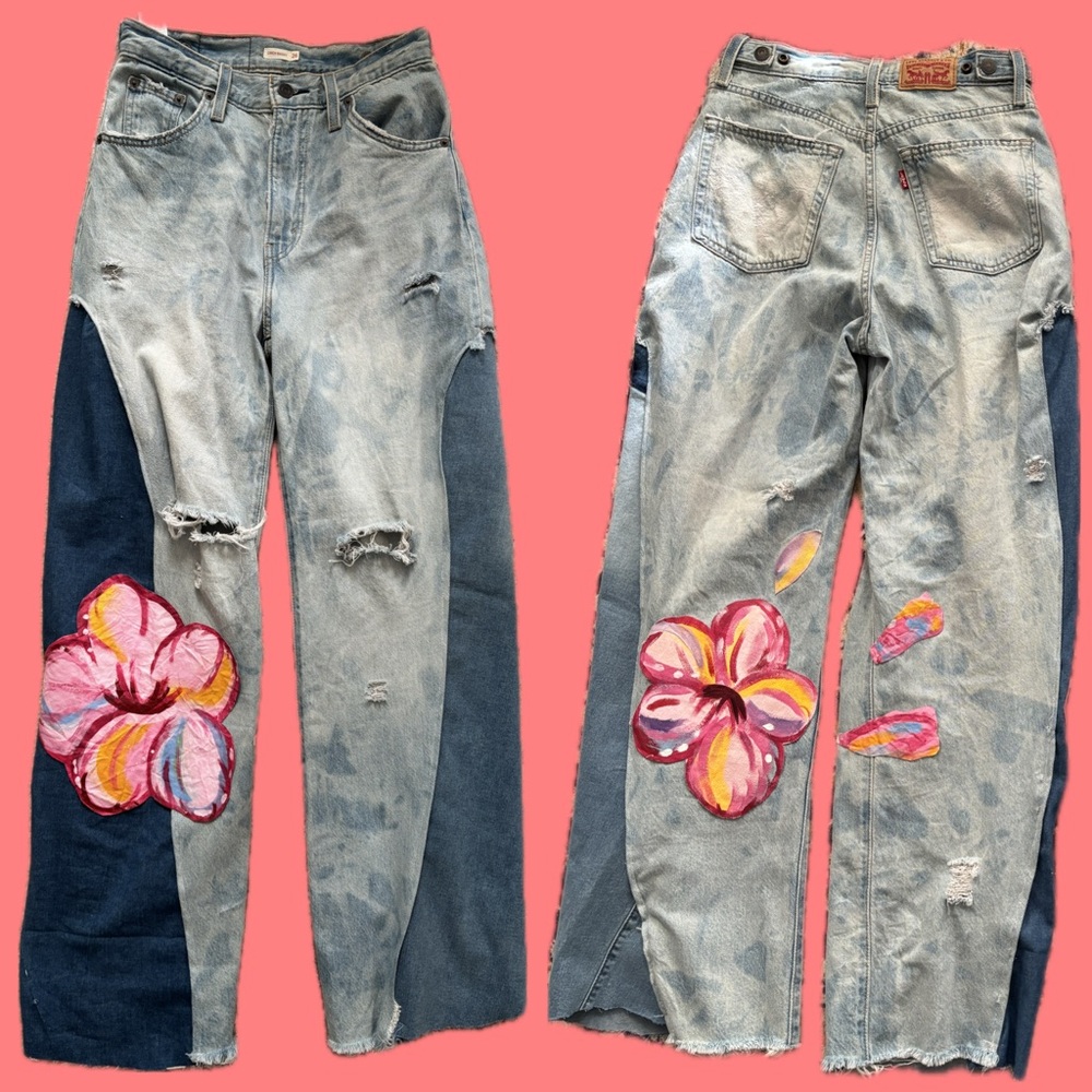 Levi's Women's Flare Jeans with Floral Design - Blue and Pink